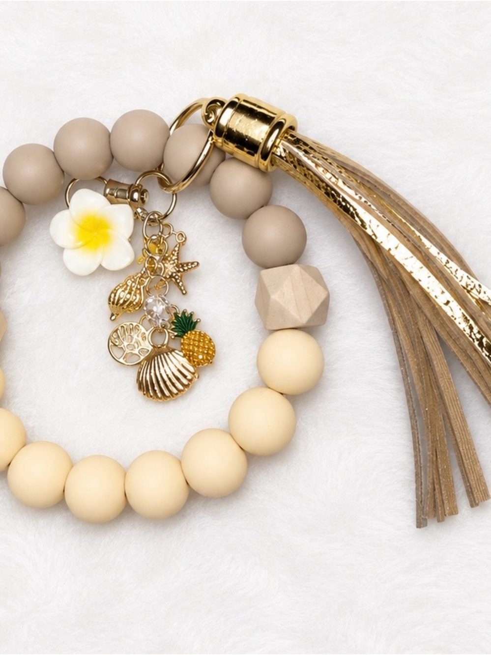 Beige & Cream Beach Charm Bracelet Keychain with Gold Tassel
